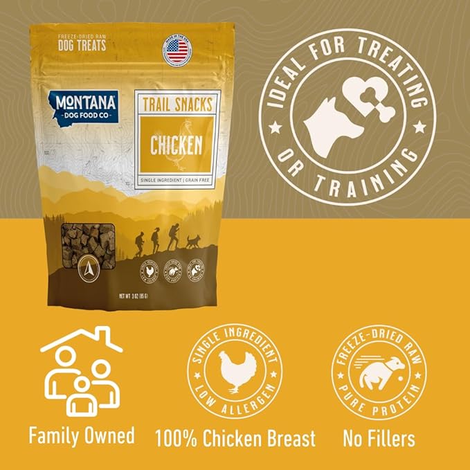 MONTANA DOG FOOD CO. Freeze-Dried Chicken Breast Dog Treats (Trail Snacks) – 100% All- Natural, Single Ingredient, High Protein, Grain-Free, Made in USA – 3 oz Bag
