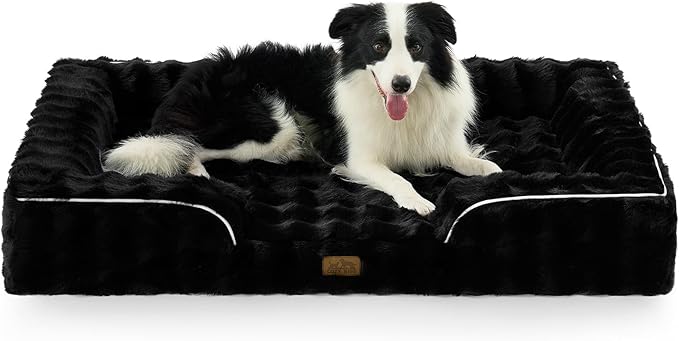 Orthopedic Dog Bed for Extra Large Dog, Faux Fur Giant Pet Sofa, Big Foam Bolster Couch with Waterproof Lining Cover, Anti-Slip, Soft, Warm, Washable, C-Shaped, XXL 48x35x8 inch, Black