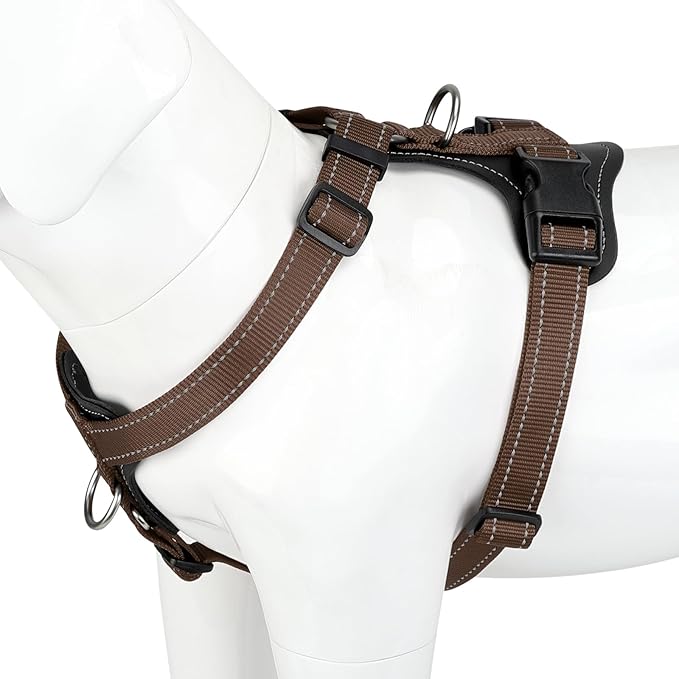 Plutus Pet Adjustable No Pull Dog Harness with Leather Accents, Heavy Duty Reflective Nylon Vest for Training, Hiking, Easy Walk Harness for Small, Medium, Large Dogs (Chocolate, L)