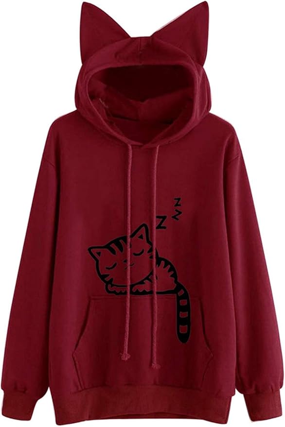 Women Girl Hoodies Cute Cat Ear Novelty Printed Pullover Sweatshirt