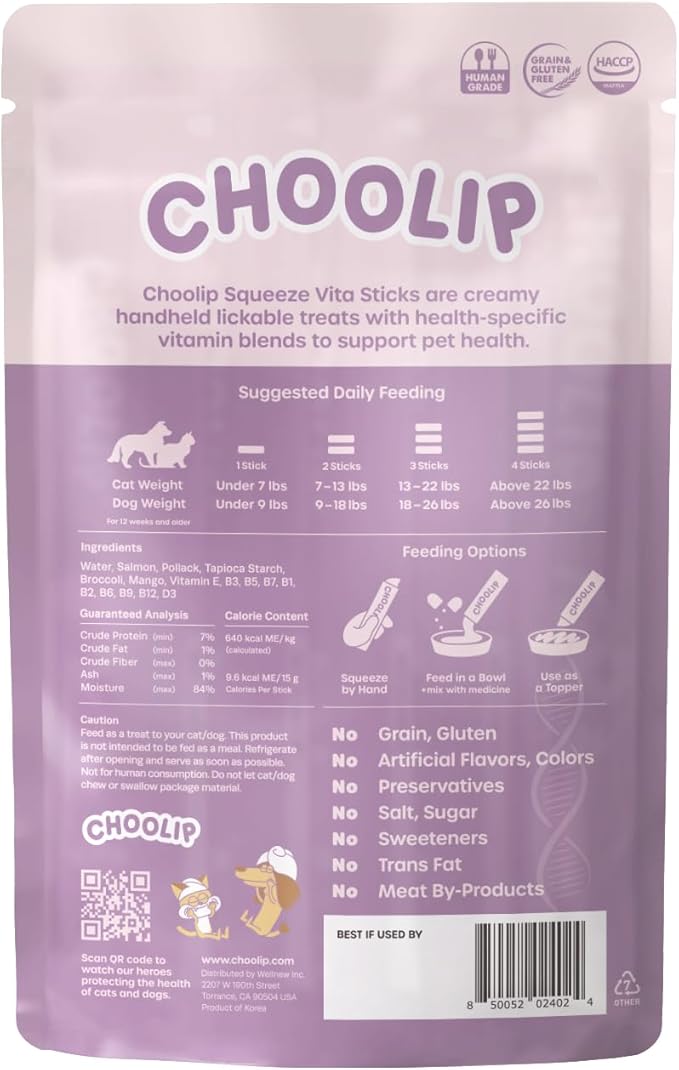Choolip Squeeze Vita Stick Lickable Cat Treats & Dog Puree – 7-Count Skin & Coat Support Tubes, Creamy Grain-Free High-Protein Puree with Omega 3, Biotin & Vitamins for Healthy Fur & Skin