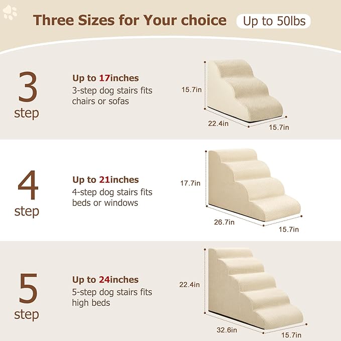 Dog Stairs for Bed 22.4”H,5-Step Dog Ramp for Small Dogs & Cats,Pet Steps for Dogs to get on High Bed, Indoor Anti-Slip Pet Stairs for Old Cats and Puppy,Beige