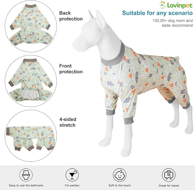 LovinPet Large Dog Clothes for Labrador - Anxiety Calming Dog Pajamas, Lightweight Stretchy Fabric, Sage Animal Print, Pet Pajamas for Dogs,4 Legged Style Pullover Dog Onesies, Silver Grey, XL