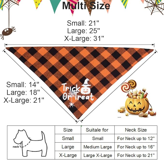 ADOGGYGO Halloween Dog Bandanas, Classic Orange Purple Plaid Pet Scarf Bib, Premium Cotton Fabric, Multiple Sizes, Halloween Bandanas for X-Large Dogs Pets (X-Large)