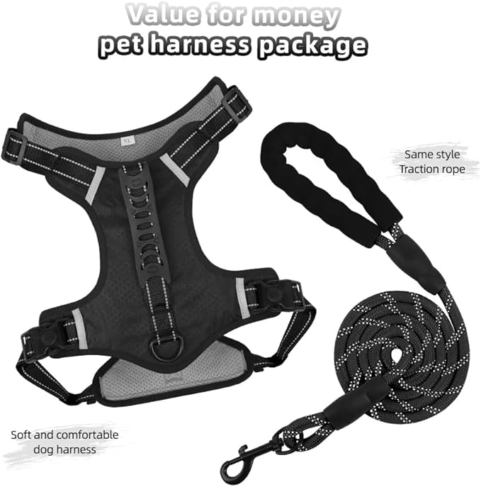 Dog Harness No Pull Adjustable Reflective,for Medium and Large Small Dog with Leash 59.06in (Black, XS)