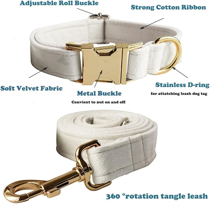 Love Dream Velvet Dog Collar and Leash Set, Soft & Comfy Adjustable Dog Leash and Collar with Heavy Duty Metal Buckle for Small Medium Large Dogs Training & Walking (Medium, White)
