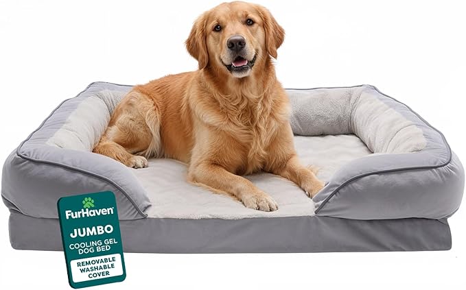 FurHaven Cooling Gel Dog Bed for Large Dogs, Perfect Comfort Sofa Bed with Cool Gel-Top Foam & Solid Orthopedic Foam Base for Joint Support, Washable Cover, Jumbo/XL, Plush & Velvet, Granite Gray