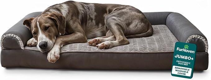 FurHaven Orthopedic Dog Bed For Large Dogs, Sofa Contour Mattress with Solid Orthopedic Foam Slab for Joint Support, Removable Washable Cover, Jumbo Plus/XXL, Faux Fur, Charcoal