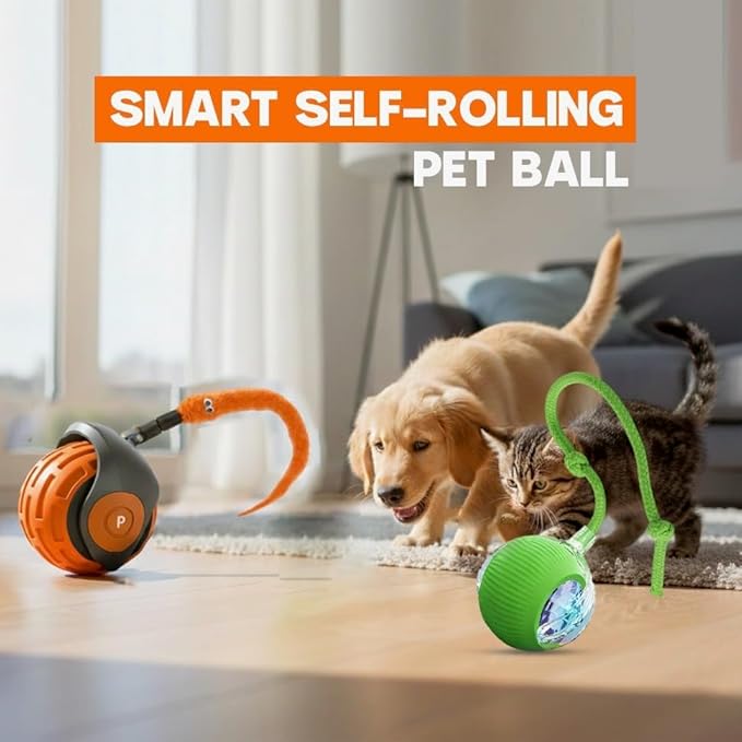 KBLZONE Interactive Cat Ball Toy – Smart Rolling Pet Ball with Obstacle Avoidance, USB Rechargeable, Cord Tail Design – Fun Enrichment Toy for Indoor Cats & Small Dogs (Orange + Green)