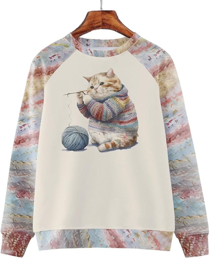 IVERIRMIN Womens 3D Cat Crewneck Sweatshirts Casual Cute Long Sleeve Shirts Pullover Tops Graphic Loose Fit Sweater for Women