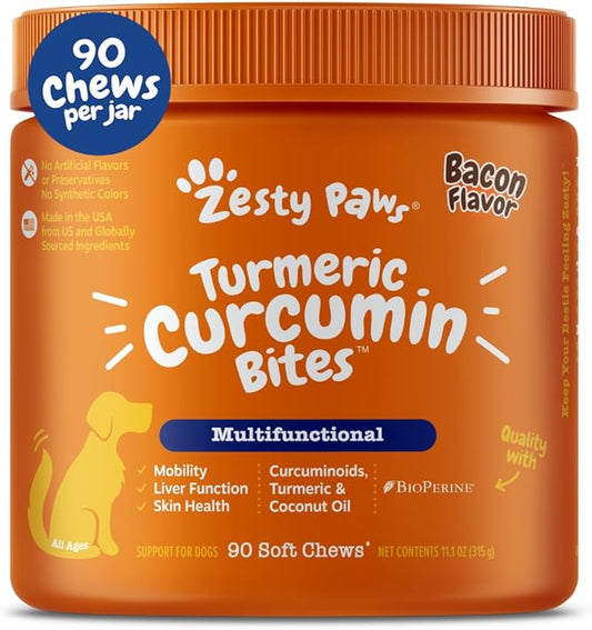 Zesty Paws Turmeric Curcumin for Dogs - for Hip & Joint Mobility Supports Canine Digestive Cardiovascular & Liver Health - Coconut Oil for Skin Health with 95% Curcuminoids + BioPerine Bacon, 90 Count