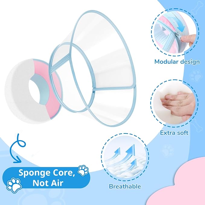 Sponge Core Dog Cone, Inflatable Dog Cone Collar Alternative, Dogs Donut Collar After Surgery, Soft Cone for Large Medium Small Dogs to Stop Licking, No Inflation Required, Clear View(Size 6, Pink)