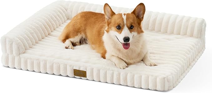 Cute Dog Bed, Faux Fur Orthopedic Foam Dog Bed with Sides, Removable Washable Cover & Waterproof Lining, Comfortable Pet Couch for Medium Dogs, Cream (36" L x 27" W x 6.5" Th)