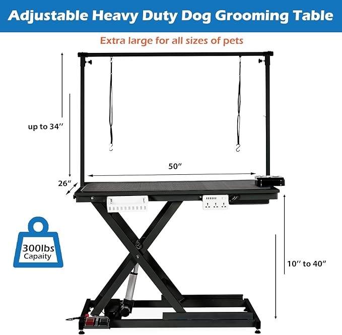 50" Large Dog Grooming Table, Heavy Duty Hydraulic Lift Dog Grooming Table with Aluminium Overhead Arm, Anti Slip Tabletop, 6 Usb Ports for Home and Salon, Maximum Capacity Up to 300Lb, Black