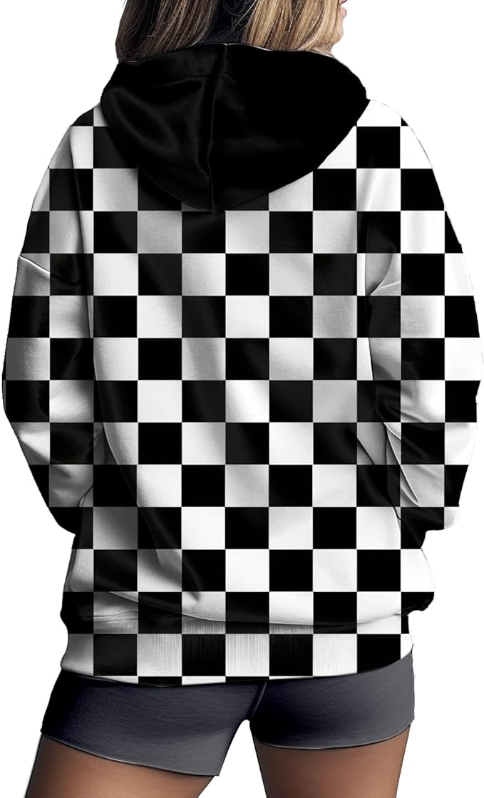 Women's Zip Front Plaid Sweatshirts Print Hoodie Fall Jackets Long Sleeve Casual Drawstring Clothes