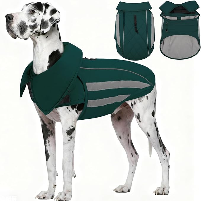 IECOii 5XL Waterproof Dog Jacket - Thermal Fleece Lining Vest Reflective Dogs Cold Weather Coats, Adjustable Great Dane Winter Coat for Giant Pets Camping, Hiking, Green, Sizes XXXXXL