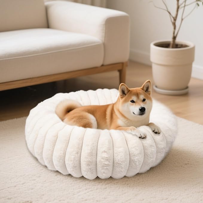 Donut Dog and Cat Bed, Luxurious Comfortable Faux Rabbit Fur Pet Beds, Round Anti-Anxiety Calming Puppy Kitten Bed with Anti-Slip Bottom for Small Medium Dogs & Cats(28", White)