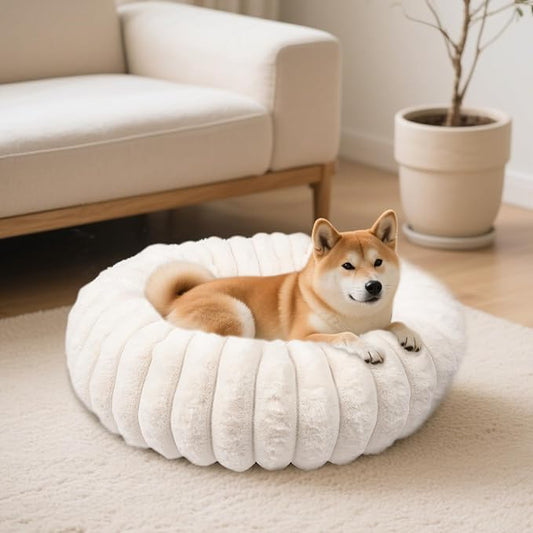 Donut Dog and Cat Bed, Luxurious Comfortable Faux Rabbit Fur Pet Beds, Soft Anti-Anxiety Calming Puppy Kitten Bed with Anti-Slip Bottom for Small Medium Dogs & Cats(23", White)