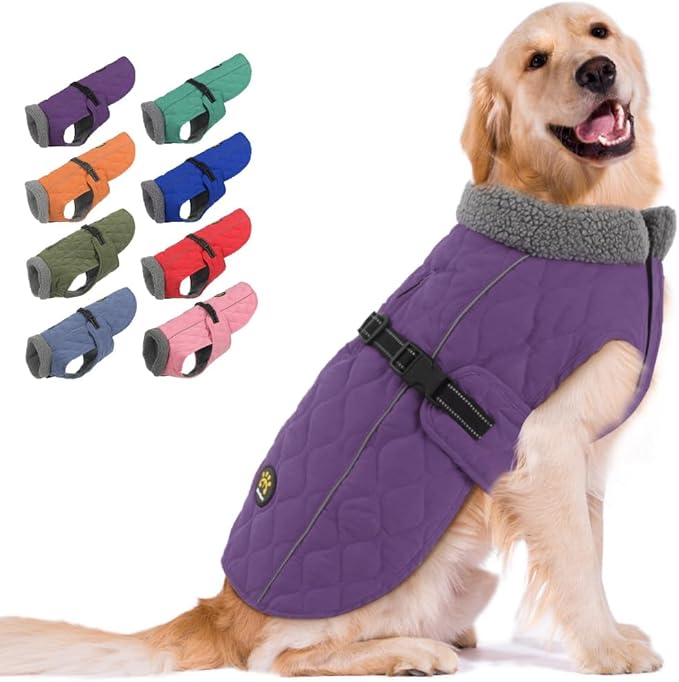 Dog Coat for Winter, Windproof Dog Apparel for Cold Weather, Furry Collar Warm Fleece Lining Water Resistant Pet Coats with Buckle, Reflective Pet Winter Clothes for Large Dogs, Purple XXL