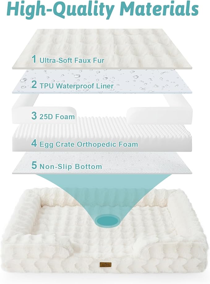 Orthopedic Dog Bed for Large Medium Size Dog, Faux Fur Pet Sofa, Foam Bolster Couch with Waterproof Lining Cover, Anti-Slip, Soft, Warm, Washable, C-Shaped, L 36x27x6.5 inch, Beige