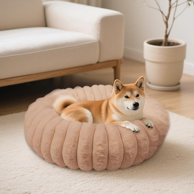 Donut Dog and Cat Bed, Luxurious Comfortable Faux Rabbit Fur Pet Beds, Soft Anti-Anxiety Calming Puppy Kitten Bed with Anti-Slip Bottom for Small Medium Dogs & Cats(20", Brown)