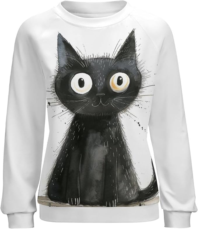 Biacolum Long Sleeve Shirts for Women Mid Century Retro Style Atomic Cat 3D Graphic Sweatshirts Fall Crewneck Pullover Top