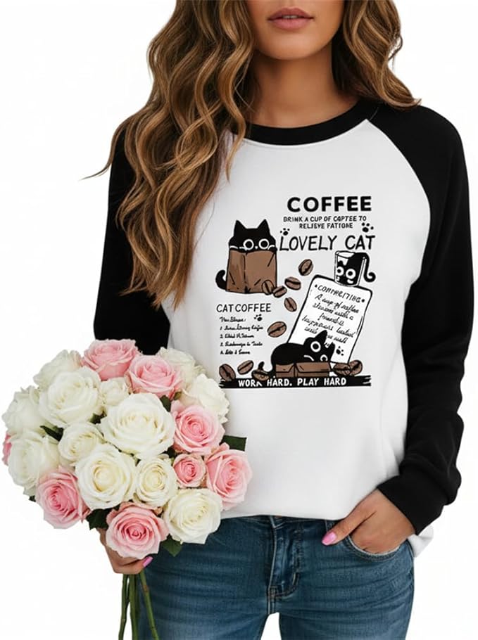 IVERIRMIN Women's 3D Cute Cat Print Sweatshirt Casual Long Sleeve Crewneck Cute Cat Pullover Loose Fit Shirts