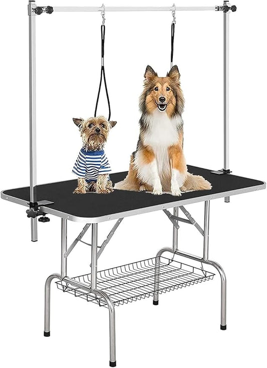 Pet Dog Grooming Table, Adjustable Large Heavy Duty Professional Foldable Trimming Stage with Arms, Noose, Mesh Tray, Maximum Capacity Up to 330LBS, 36''/Black