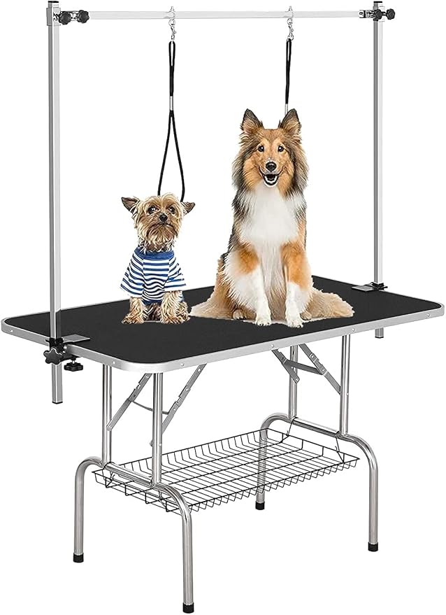 Pet Dog Grooming Table, Adjustable Large Heavy Duty Professional Foldable Trimming Stage with Arms, Noose, Mesh Tray, Maximum Capacity Up to 330LBS, 42''/Black