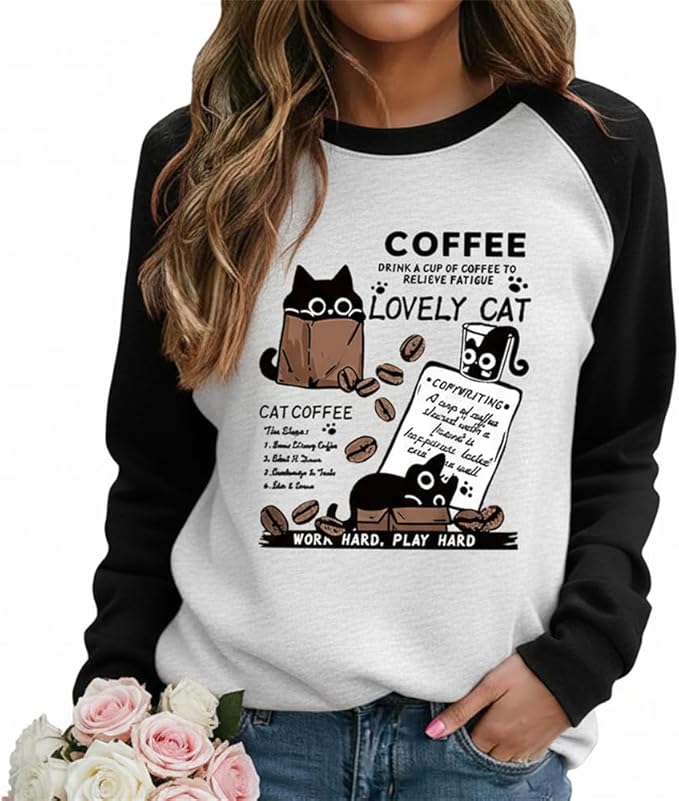 IVERIRMIN Women's 3D Cute Cat Print Sweatshirt Casual Long Sleeve Crewneck Cute Cat Pullover Loose Fit Shirts