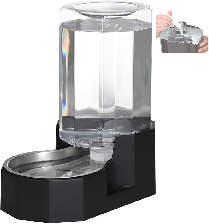 Sfozstra Dog Water Bowl Dispenser: 7L Large Black Gravity Stainless Steel Bowl - with Specialized Brush - Pet Feeder for Pets with Spinal Problems - Use in Garage Garden