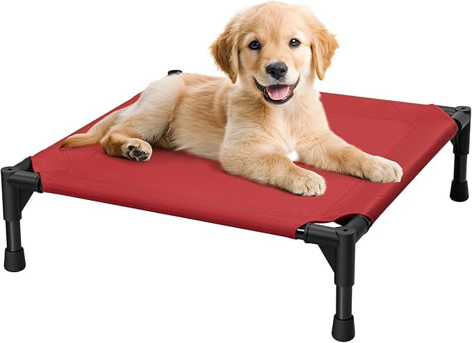 Love&go Elevated Dog Bed with Metal Frame, Cooling Raised Pet Cot for Dog and Cat (S - Red Bed, Small-18.5x18.5x5.5 inch)