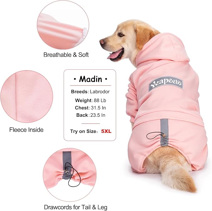 Dog Hoodies Winter Coat for Large Medium Dogs, Pullover 8 Legs Warm Coat Hooded Sweatshirt, Fleece Hoodie for Cold Weather (Pink, X-Large)