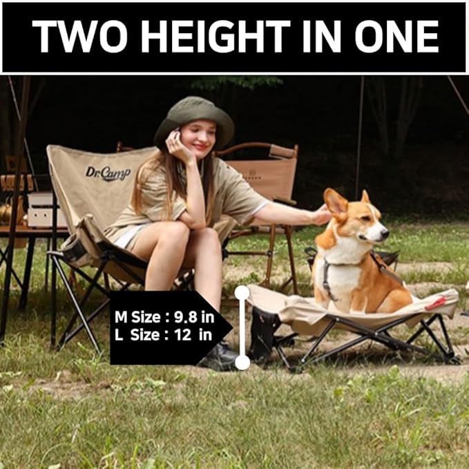 Two Heights in One, Dog Bed Cot for Pet, Waterproof Mesh, Adjustable Height, Indoor/Outdoor (Khaki Brown, Large)
