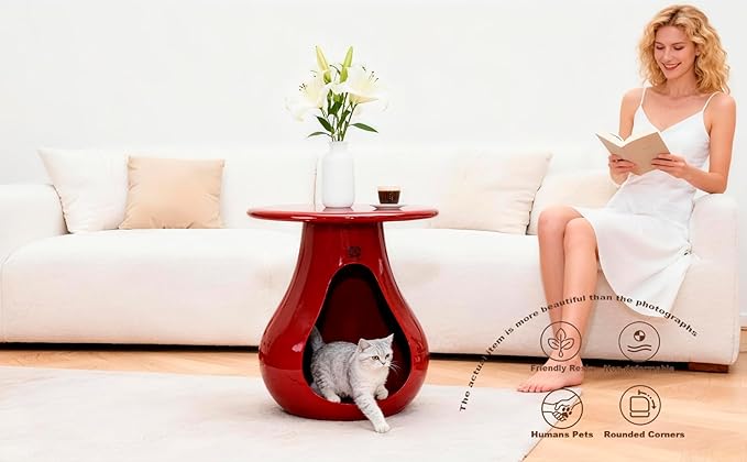 2-in-1 Gourd Table & Pet Bed - Pet-Friendly Rounded Edges，Modern Living Room Furniture with Eco-Resin Top（A-Red）