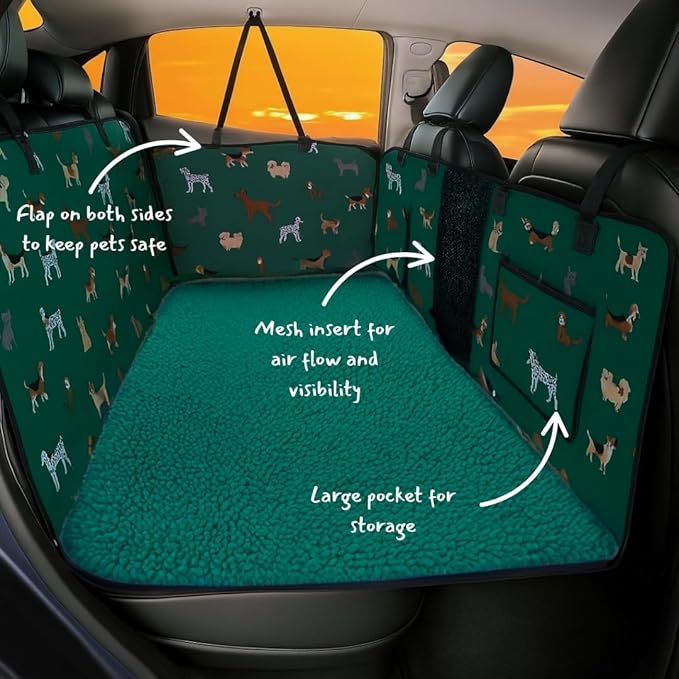 Dog Back Seat Cover – Waterproof Heavy‑Duty Car & SUV Bench/Hammock Style, Padded Shearling Fleece Bottom for Safe & Comfortable Pet Travel