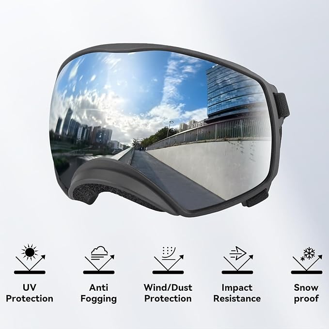 PETLESO Dog Goggles for Medium to Large Breed, UV Protection Dog Sunglasses Wide Version Windproof Eye Wear for Outdoor Driving/Riding/Hiking, Adjustable, Silver Mirror Lens