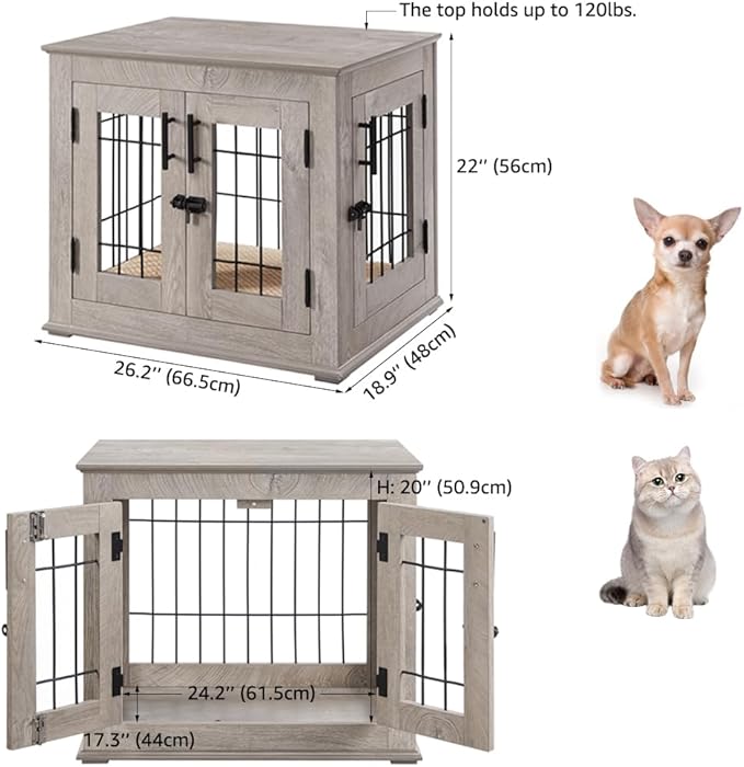 beeNbkks Furniture Style Dog Crate End Table, Double Doors Wooden Wire Dog Kennel with Pet Bed, Decorative Pet Crate Dog House Indoor Medium Large