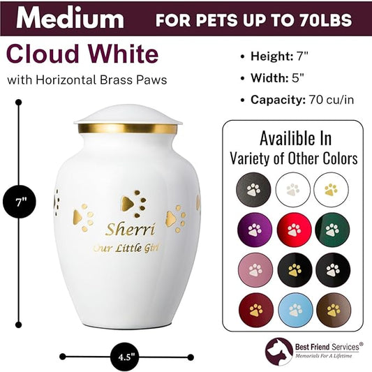 Pet Urn for Dogs and Cats with Personalized Laser Engraving, Ottillie Paws Premier Series Memorial Urns (Medium Cloud White with Horizontal Brass Paws)