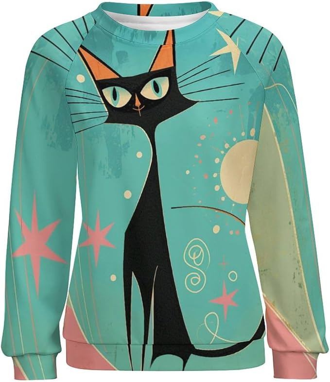 Biacolum Long Sleeve Shirts for Women Mid Century Retro Style Atomic Cat 3D Graphic Sweatshirts Fall Crewneck Pullover Top