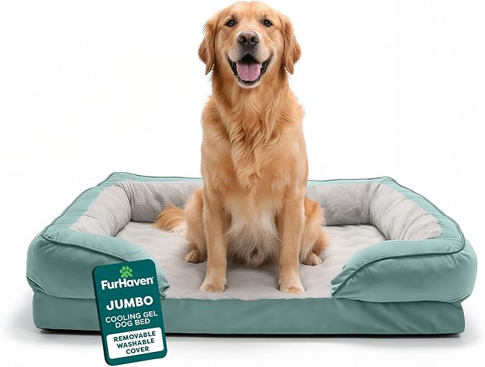 FurHaven Cooling Gel Dog Bed for Large Dogs, Comfort Sofa Bed with Cool Gel-Top Foam and a Solid Orthopedic Foam Base for Joint Support, Washable Cover, Jumbo/XL, Plush & Velvet, Celadon Green
