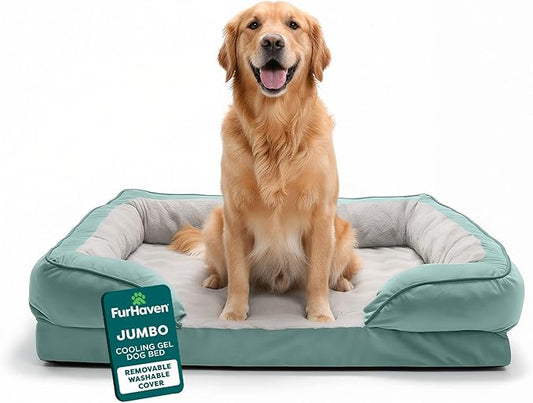 FurHaven Cooling Gel Dog Bed for Large Dogs, Comfort Sofa Bed with Cool Gel-Top Foam and a Solid Orthopedic Foam Base for Joint Support, Washable Cover, Jumbo/XL, Plush & Velvet, Celadon Green
