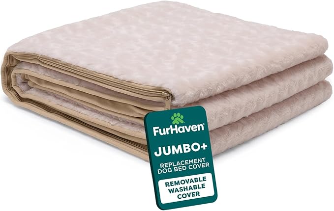 FurHaven Replacement Dog Bed Cover, Contour Luxe Lounger Design, Soft & Breathable Fabric for Cozy Comfort, Machine Washable, Jumbo Plus/XXL, Ultra Plush Faux Fur & Suede, Cream