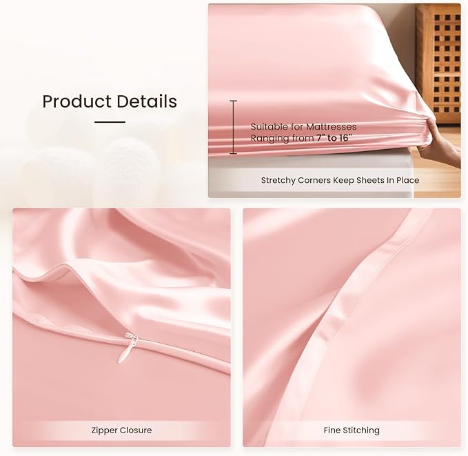 THXSILK Silk Sheet Set 4Pcs, 6A+ Top Grade 100% Pure Mulberry Silk Bed Sheets Ultra Soft Durable Luxury Bedding Sets, 1 Fitted Sheet, 1 Flat Sheet and 2 Pillowcases (Twin, Charming Pink)