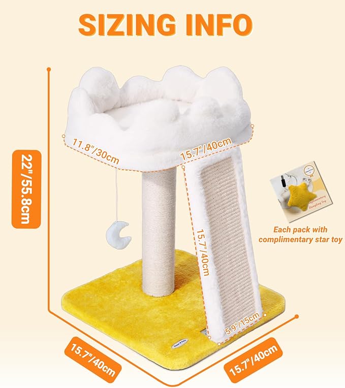 Happi N Pets New Cloud Cat Tree Tower, Cat Scratching Post with Bed, Small Cat Tree, Compact Cat Tower with Scratching Pad & Cloud Soft Perch & Cute Toys, Extra Toy, Bounus Catnip