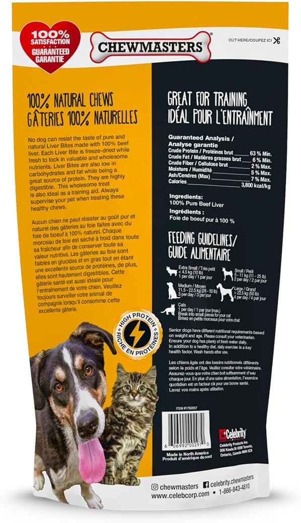 Chewmasters 100% Pure Beef Liver Bites, Healthy Freeze Dried Dog Treats, 17.6 oz, All Natural, Grain Free, High Protein & Zero Additives, Made in USA, Packed with Nutrients and Vitamins