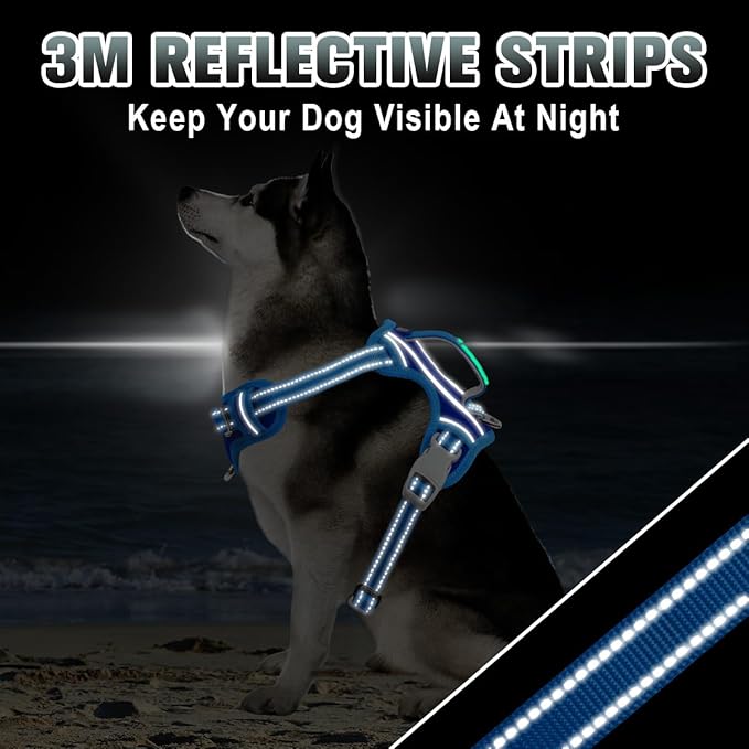 BARKBAY No Pull Dog Harness Large Reflective Dog Harness with Front Clip and Easy Control Handle for Walking Training Running with ID tag Pocket(Sapphire Blue & Blue,L)