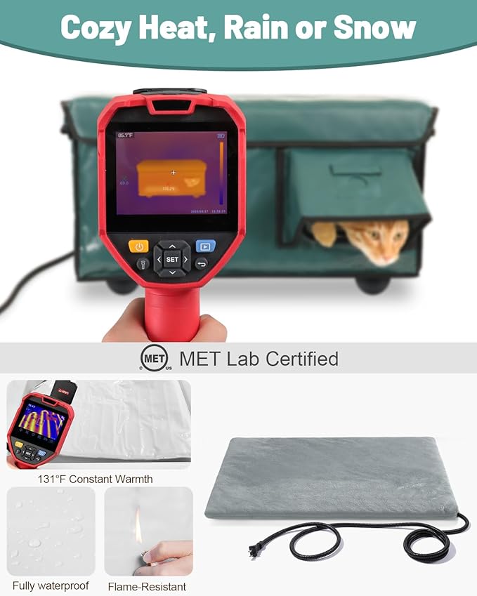 Heated Cat House for Outside with Dual Doors, Insulated Cat House Outdoor with Heating Pad, Weatherproof Heated Outdoor Cats Houses Weatherproof for Feral Cats (Deep Green, 25.5" L x 16" W x 13" H)