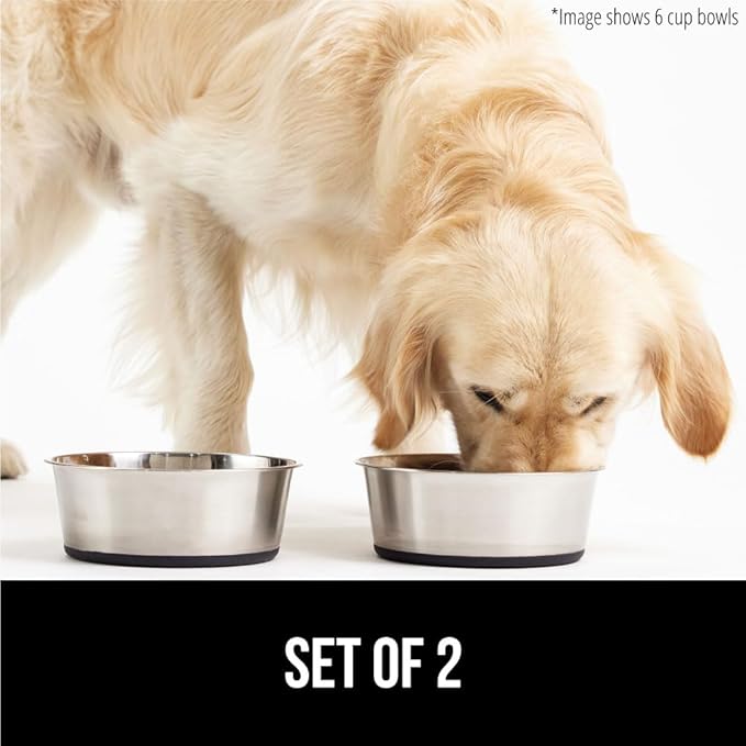 GORILLA GRIP Set of 2 Dog Bowls, Holds 8 Cups (64 fl oz), Heavy Duty Metal Food and Water Bowl for Feeding Dogs and Cats, Dishwasher Safe, Rust Resistant Stainless Steel, BPA Free Rubber Base, Black