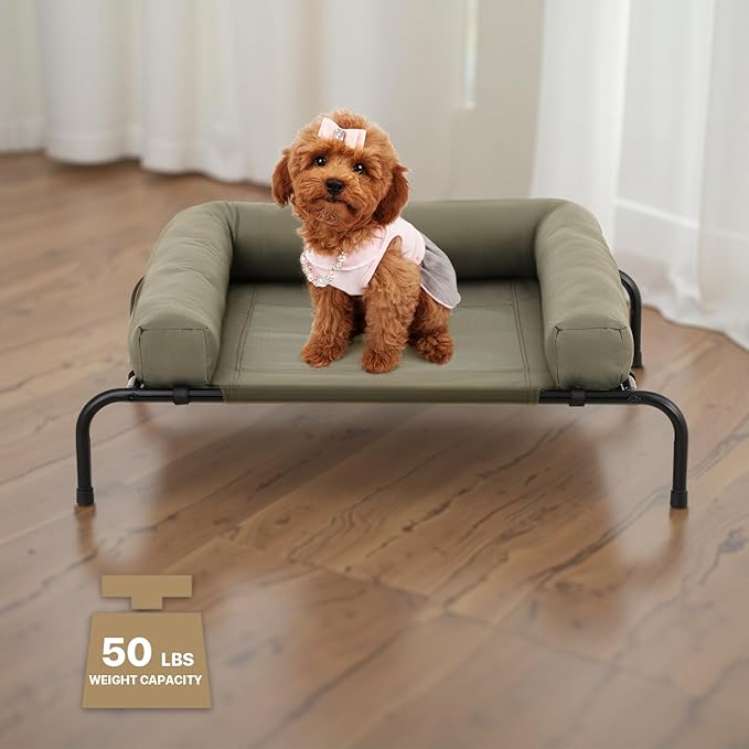 Athena Collection Outdoor Elevated Dog Bed with Removable Bolsters, 35.5 Inches Raised Dog Cot Washable with Metal Frame Non-Slip Feet for Small Dog Puppy, Green